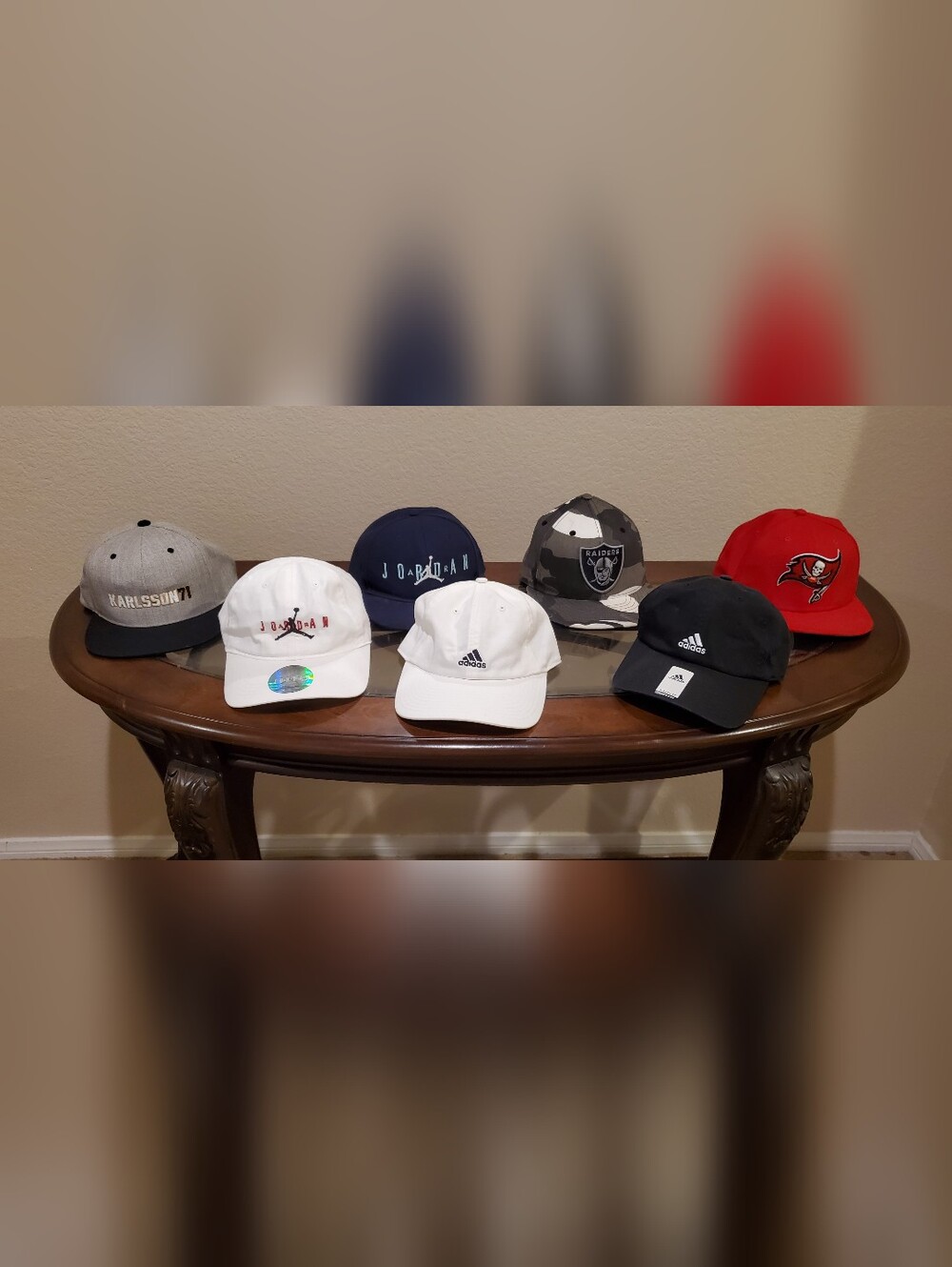 Hats: Raiders, Bucaneers, Adidas, Jordans